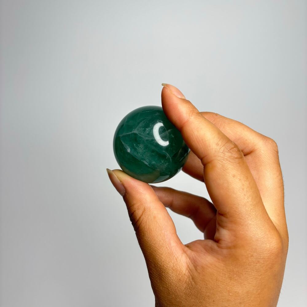Small Green Fluorite Crystal Sphere Ball w/ Wooden Stand